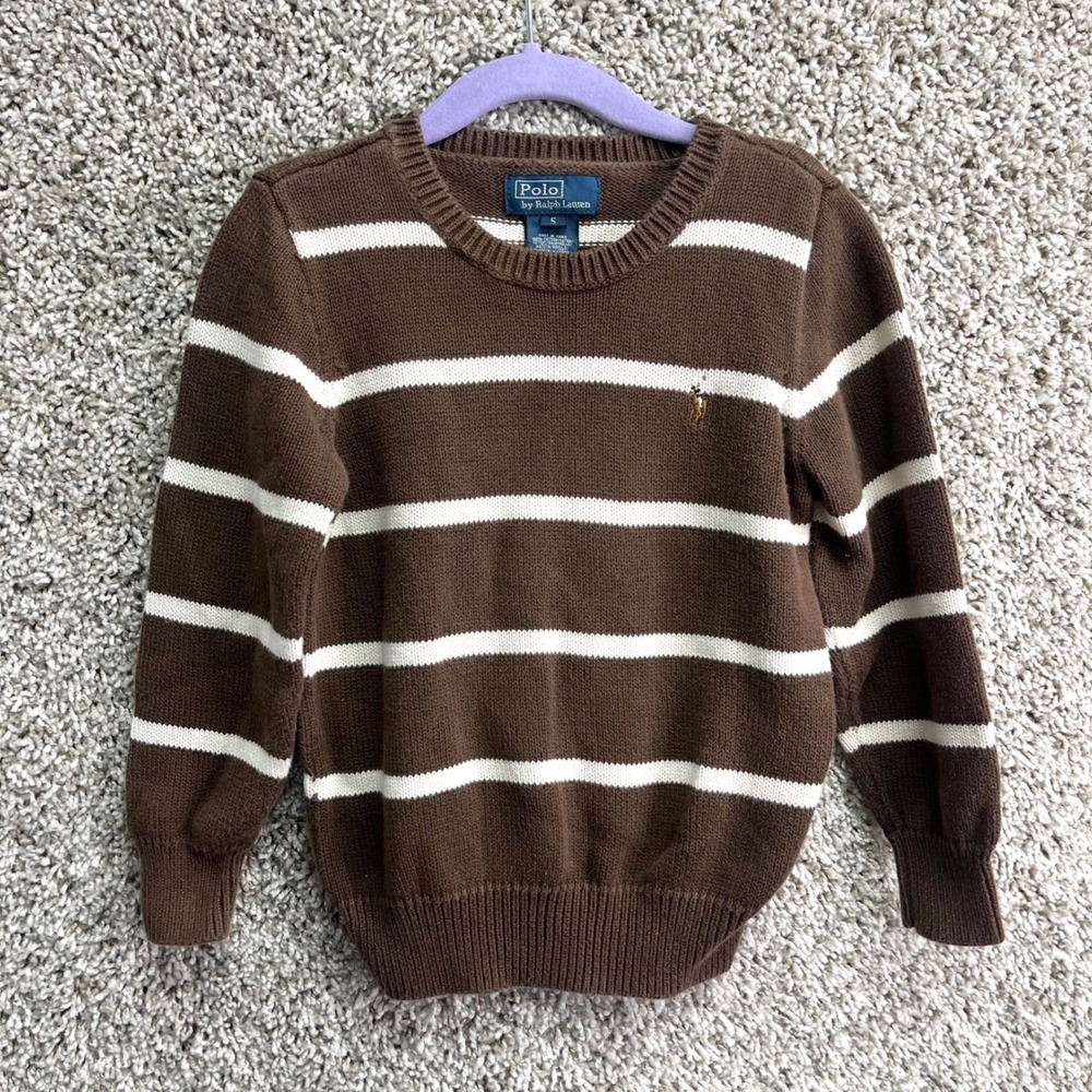Polo Ralph Lauren Sweater Boys 5 Brown & White Striped Long Sleeve Crewneck Knit